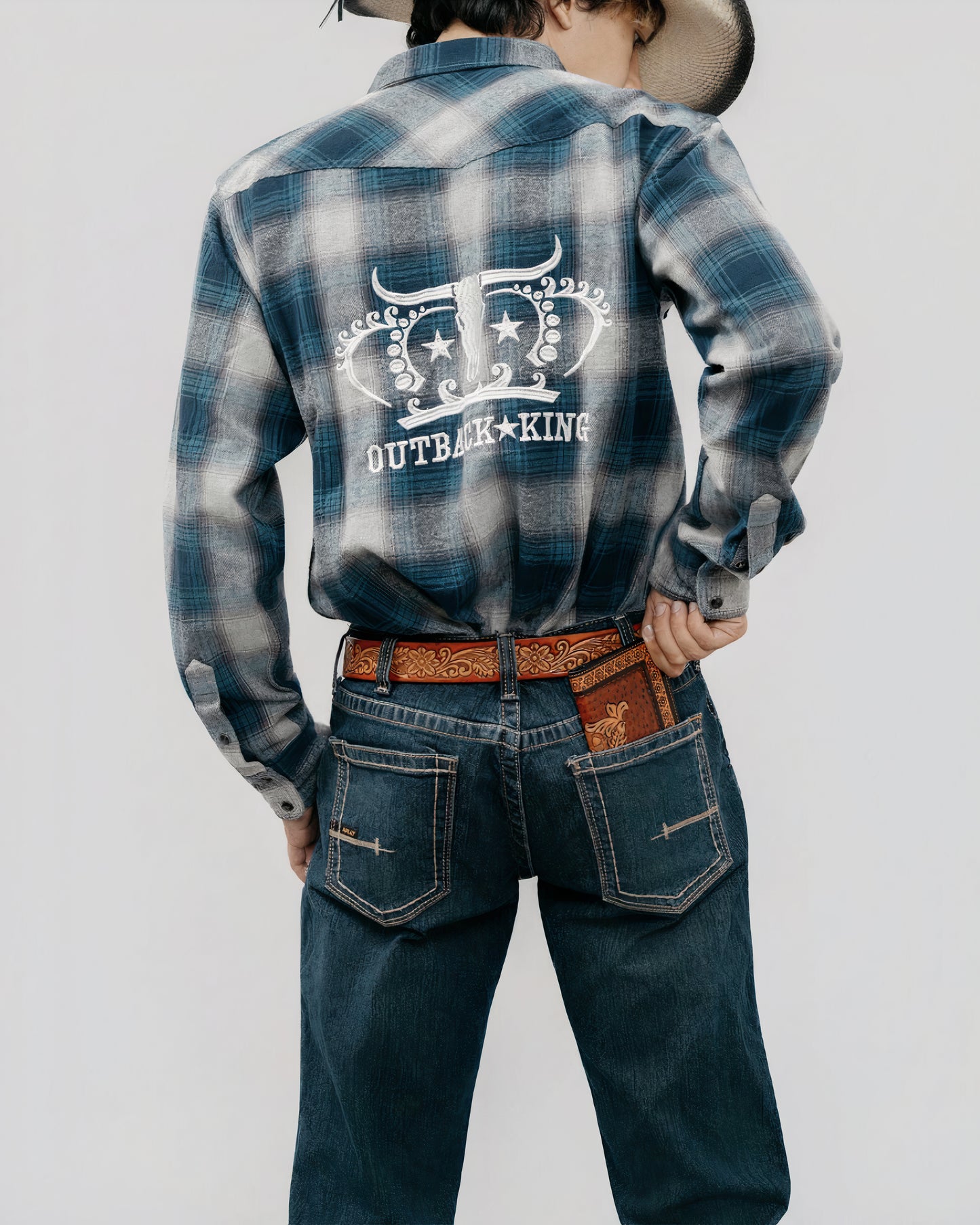 Outback King | Men's Frontier Logo Shirt | LT Blue Navy Flannel Check