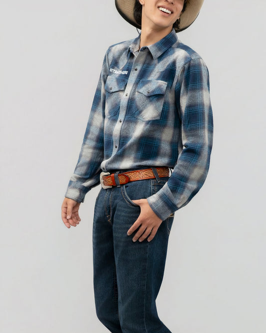 Outback King | Men's Frontier Logo Shirt  | LT Blue Navy Flannel Check