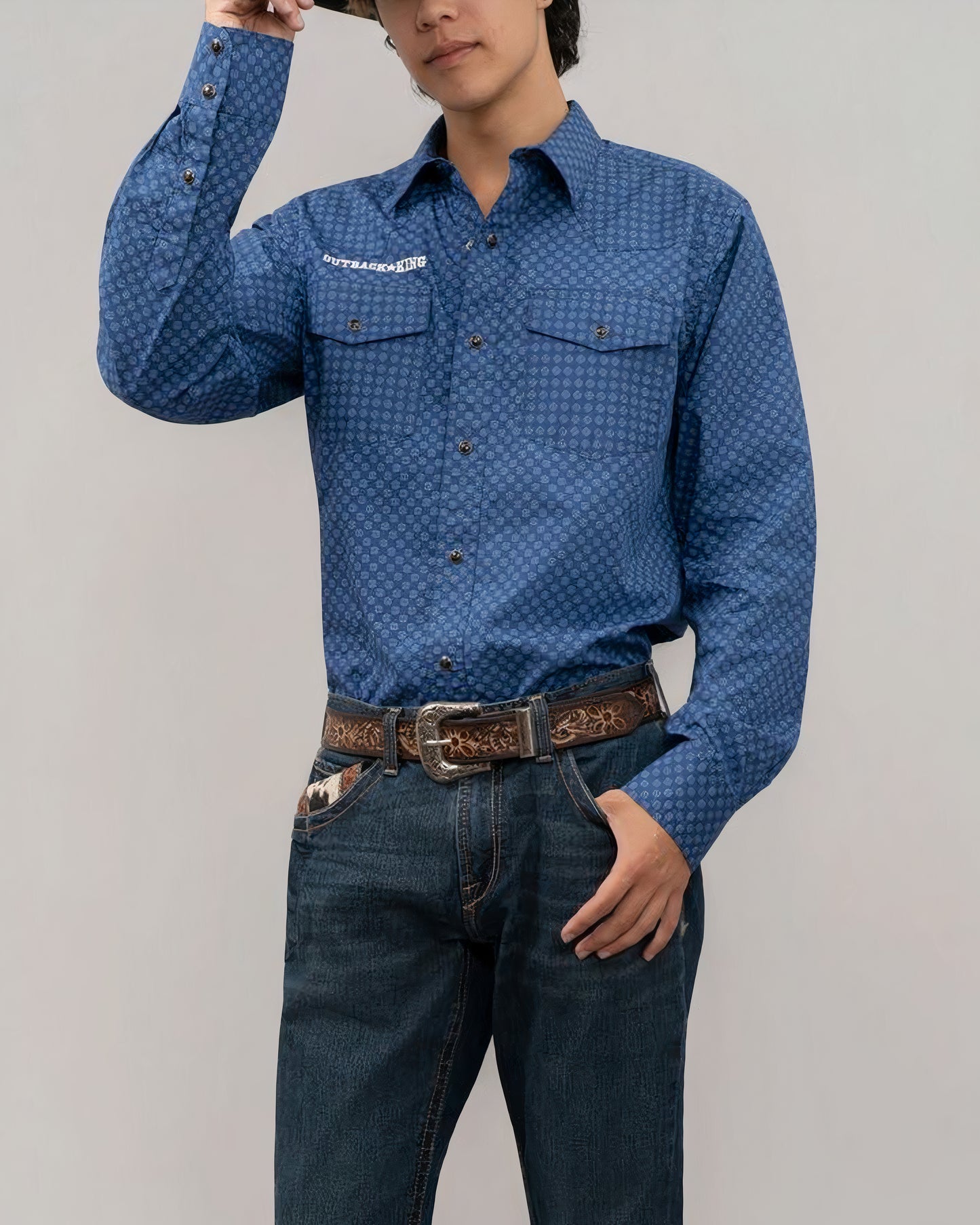 Outback King | Men's Frontier Logo Shirt  | Blue Yellow Dots