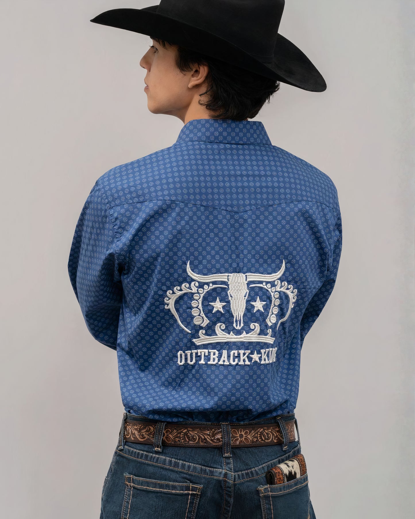 Outback King | Men's Frontier Logo Shirt  | Blue Yellow Dots