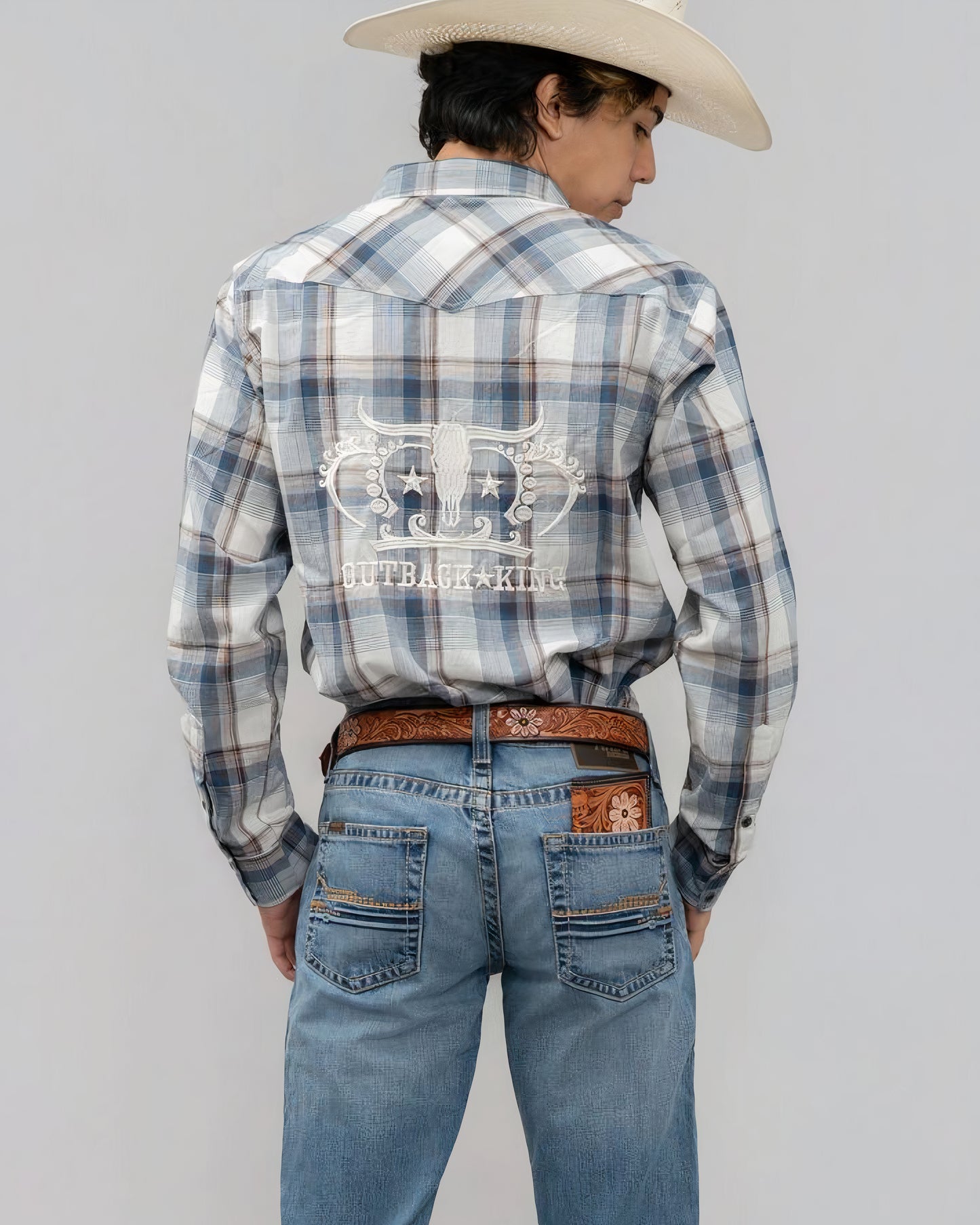 Outback King | Men's Frontier Logo Shirt | Blue/Olive Check