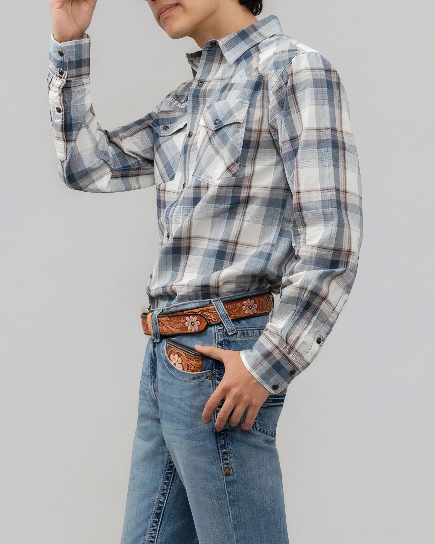 Outback King | Men's Frontier Logo Shirt | Blue/Olive Check