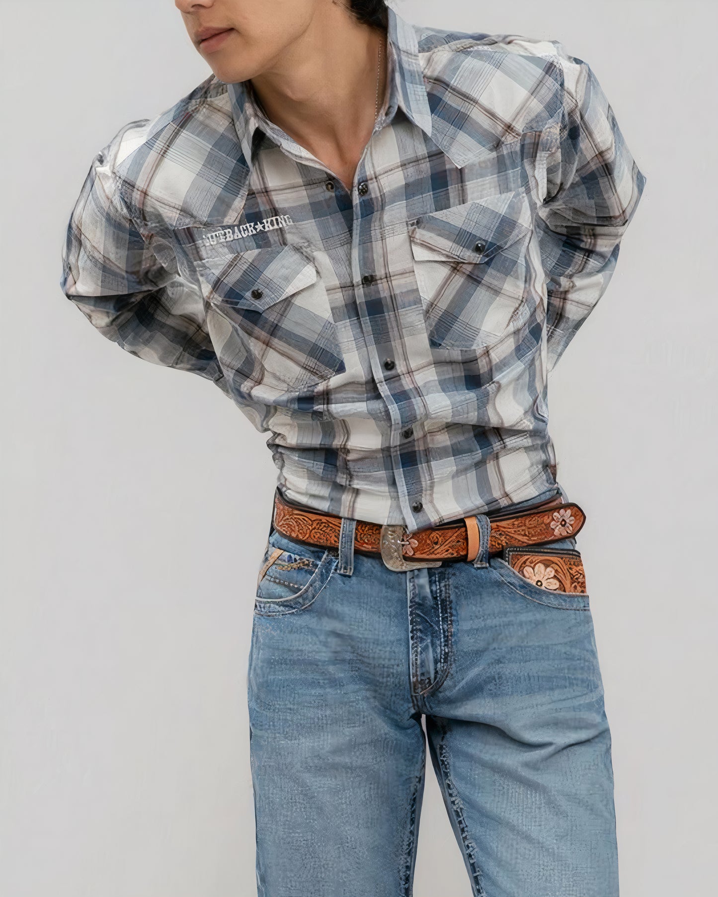 Outback King | Men's Frontier Logo Shirt | Blue/Olive Check