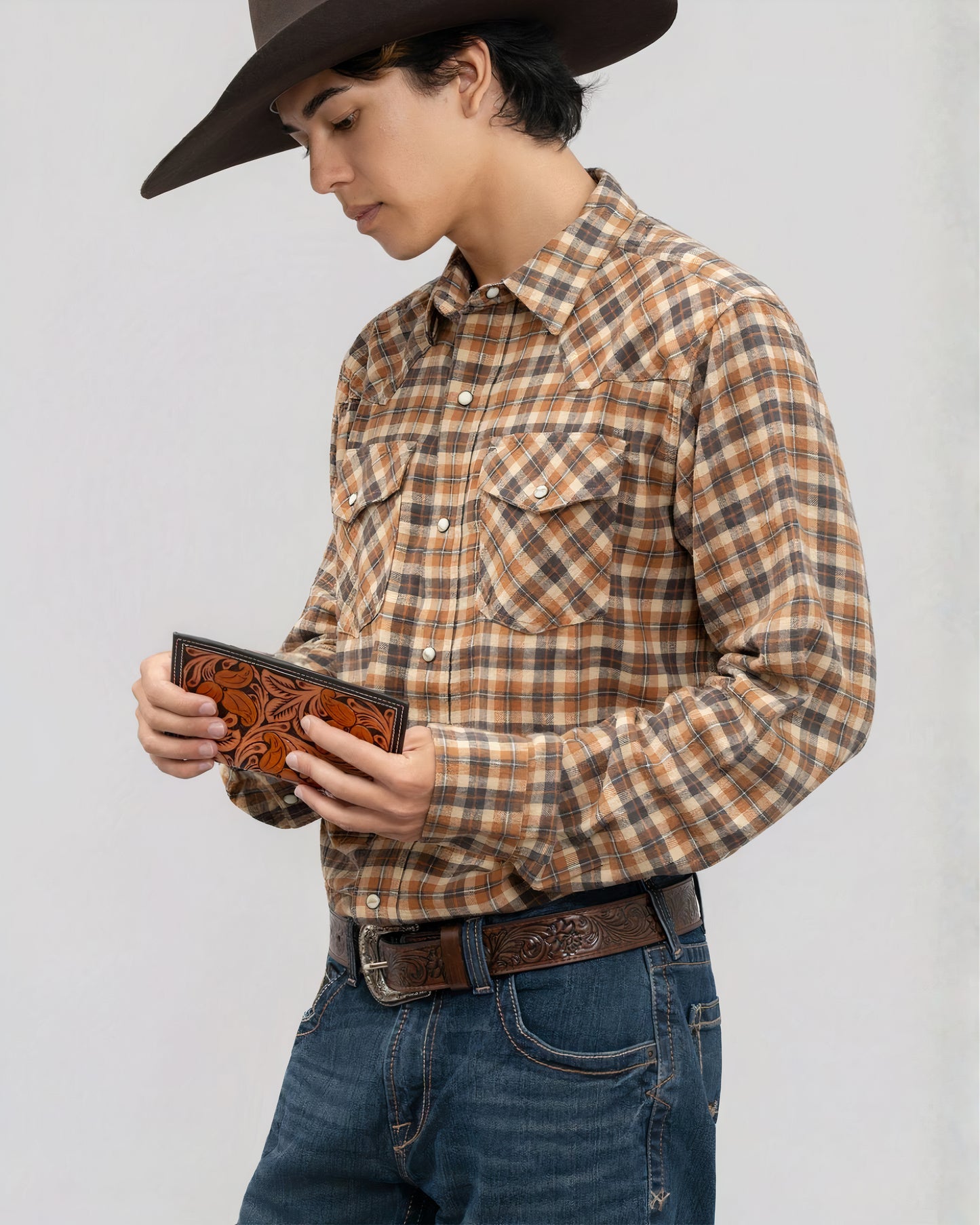Outback King | Men's Frontier Shirt | Orange/Grey Check