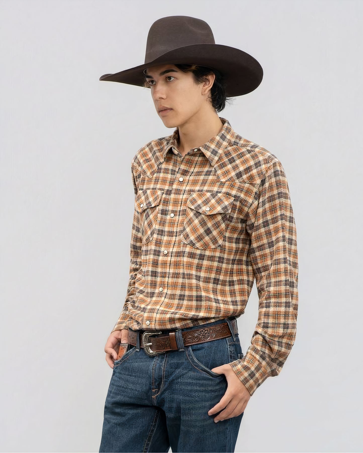 Outback King | Men's Frontier Shirt | Orange/Grey Check