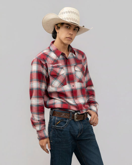 Outback King | Men's Frontier Logo Shirt | Red/Green Check