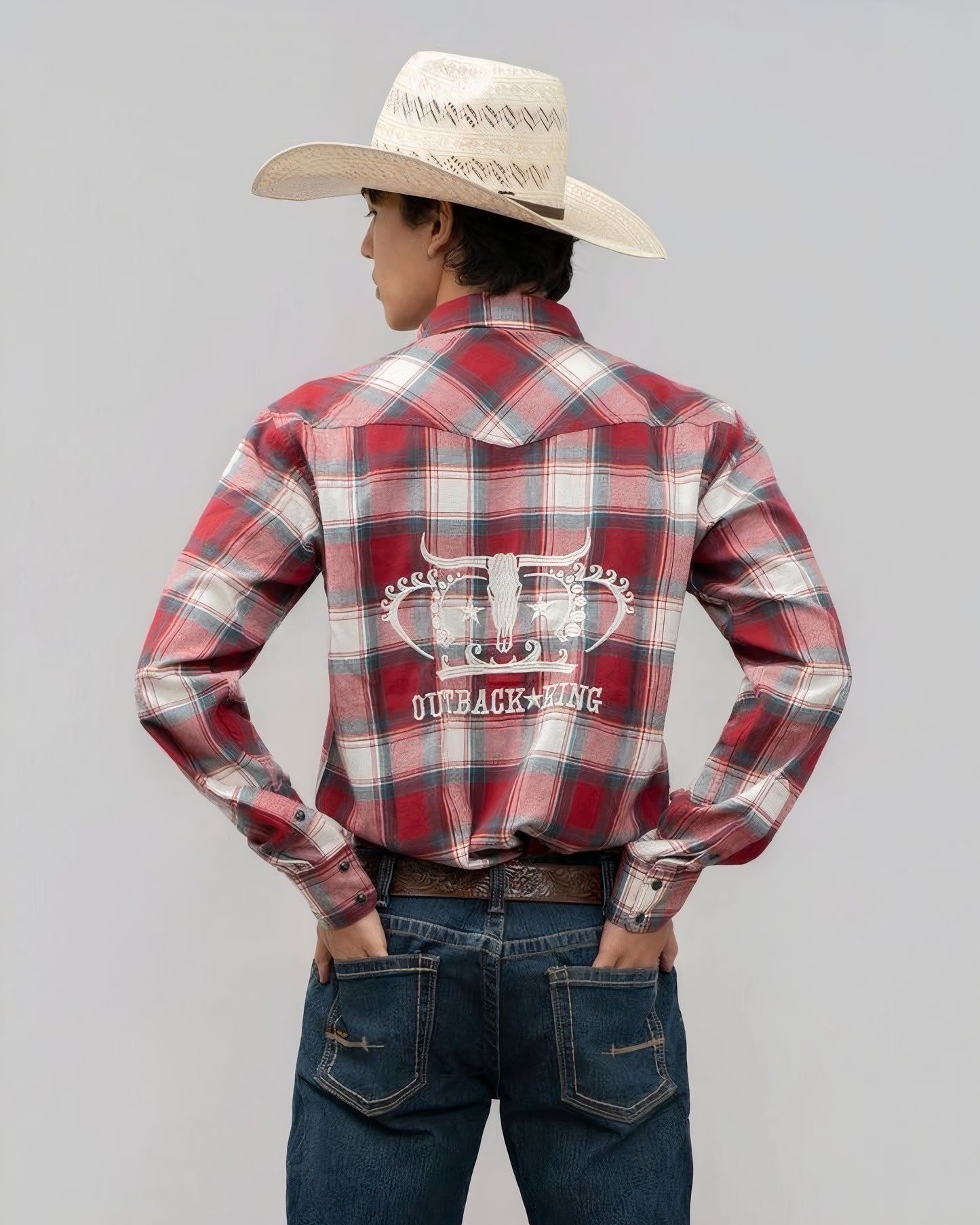 Outback King | Men's Frontier Logo Shirt | Red/Green Check