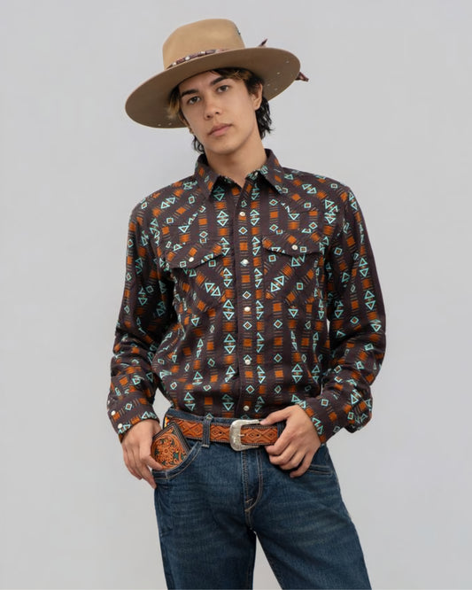 Outback King | Men's Frontier Shirt | Brown/Turquoise Directional